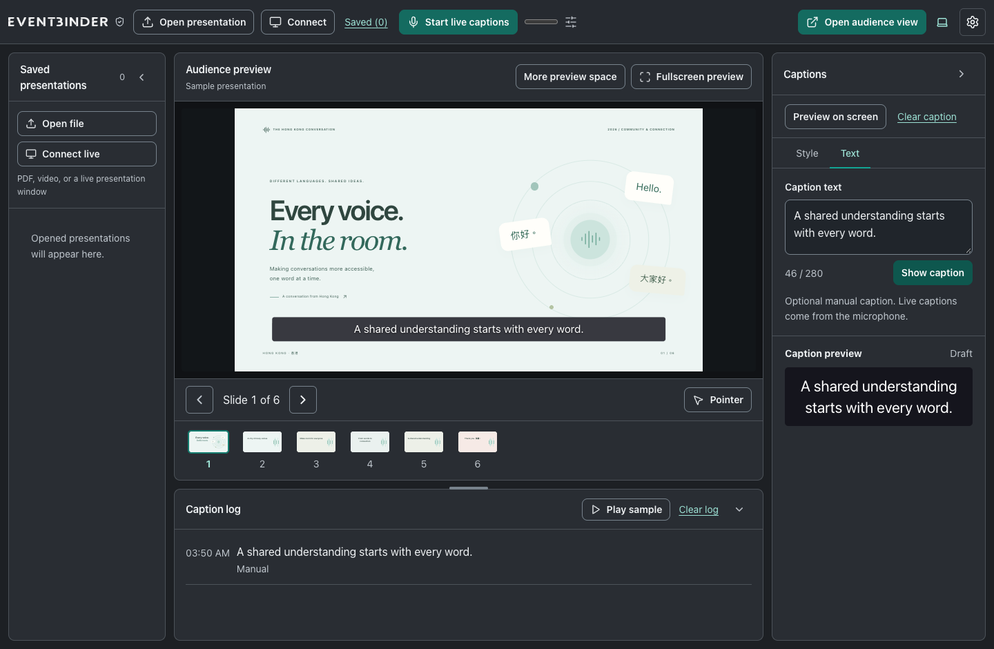 EventBinder Captions workspace with presentation preview, caption controls and saved files